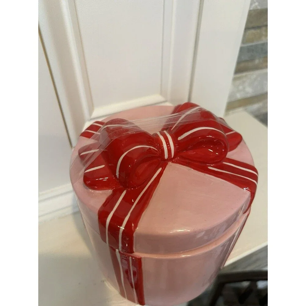 Ashland Berry Jolly Christmas Ceramic Canister With Lid Pink Red Striped 6x6”